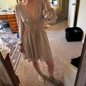 Forever 21 Taupe Cutout Long-Sleeve Mini Dress with Ring Detail